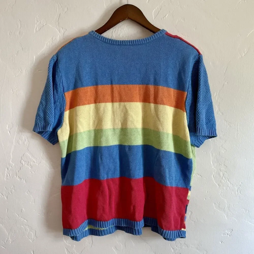 Vintage 90s Koret Size 2X Sweater - Short Sleeve Multicolor Embroidery Knit